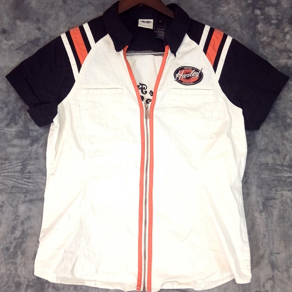 Harley-Davidson Shirt Mens XL White Black Orange Zip Front Short Sleeve Patch